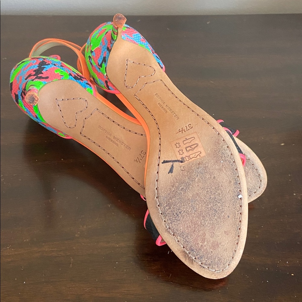 Sophia Webster Neon Orange Pink Green Mixed-Print Ankle-Strap Heels - Picture 8 of 9